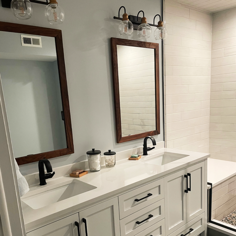White Farmhouse Bathroom Vanity with Black Hardware