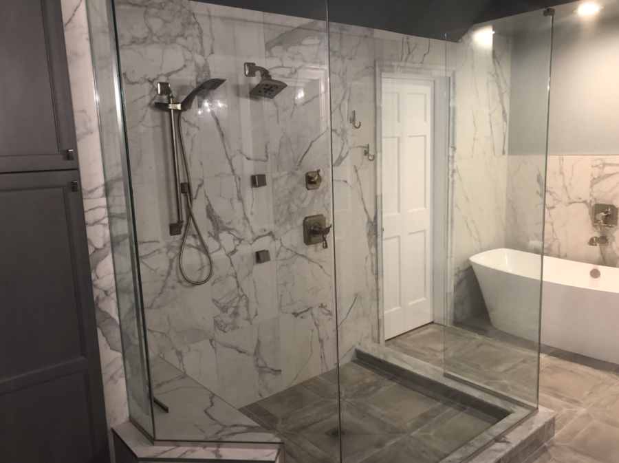Transitional Bathroom Shower with Gray Color Scheme