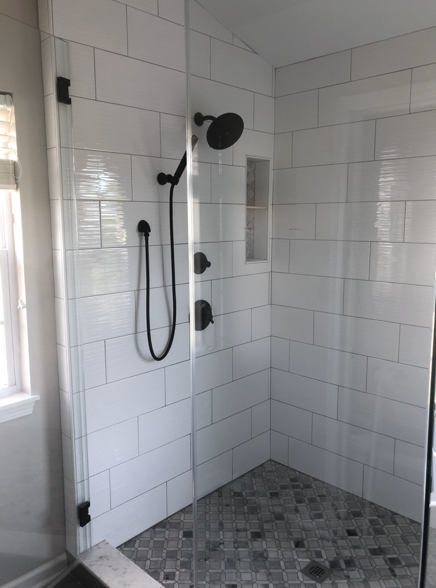 Contemporary Glass Shower with White Tile and Black Hardware
