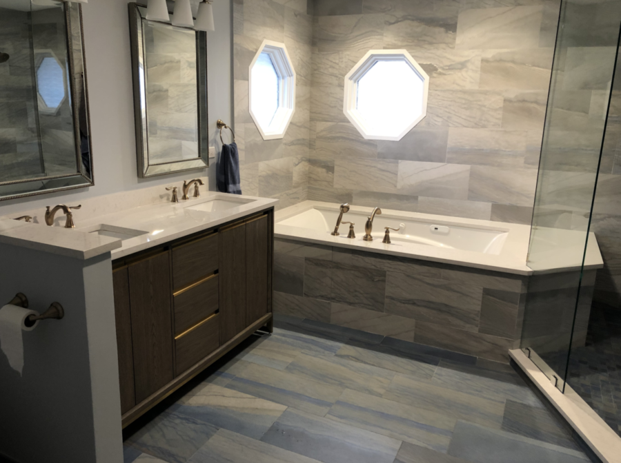 Residential Bathroom Design with Gray Wooden Tile