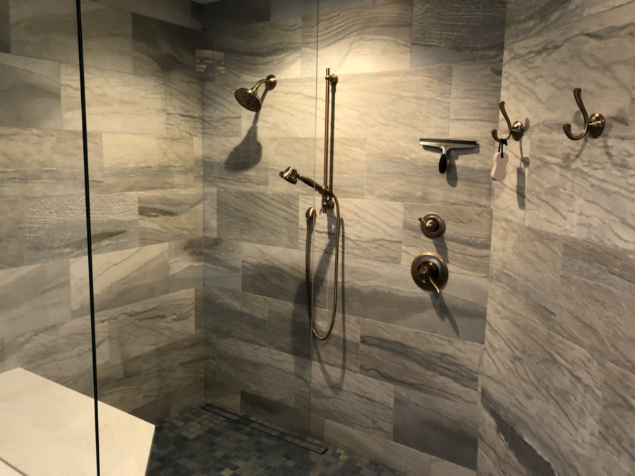 Residential Bathroom with Gray Walk-in Shower