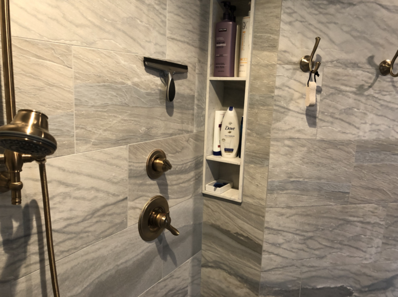 Residential Bathroom with Gray Walk-in Shower and In-shower Storage