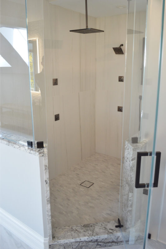 White Contemporary Walk-In Shower with Black Hardware
