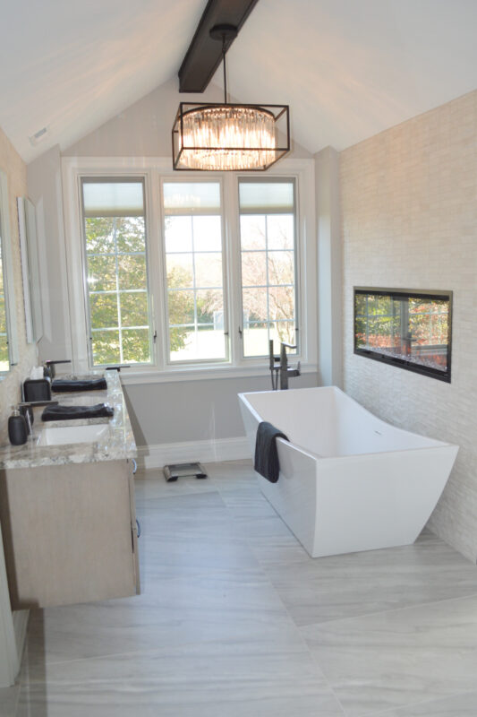 Contemporary White and Light Gray Bathroom with Free-standing Bathtub and Floating Vanity
