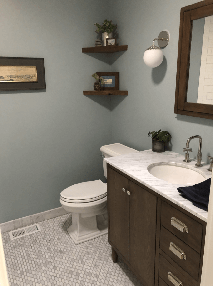 Craftsman Bathroom with Dark Wooden Vanity